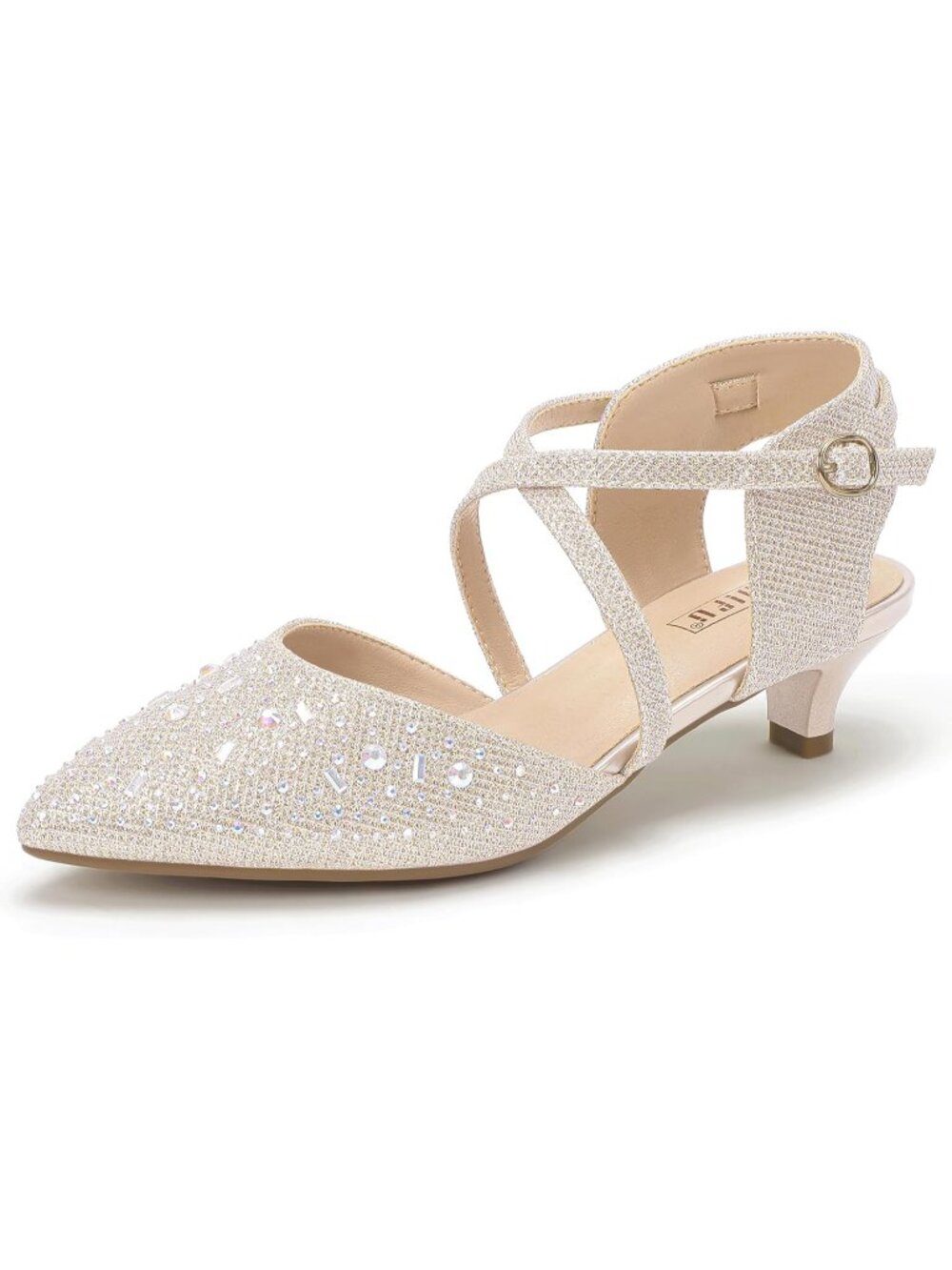 Women's Gold Comfortable Pointed Toe Ankle Strap Kitten Low Heels Pumps Shoes
